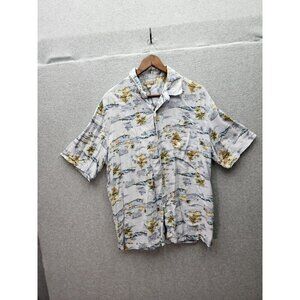 George Mens Hawaiian Button-Up Shirt L 42-44 Tropical Print 100% Rayon Silver/Wh